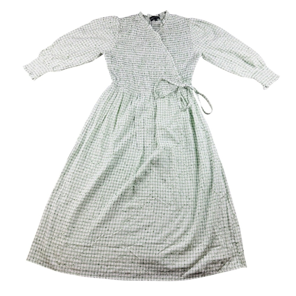 Honey Seed Dress Women M Mint Gingham Smocked Puff‎ Sleeve Midi Cottagecore Boho